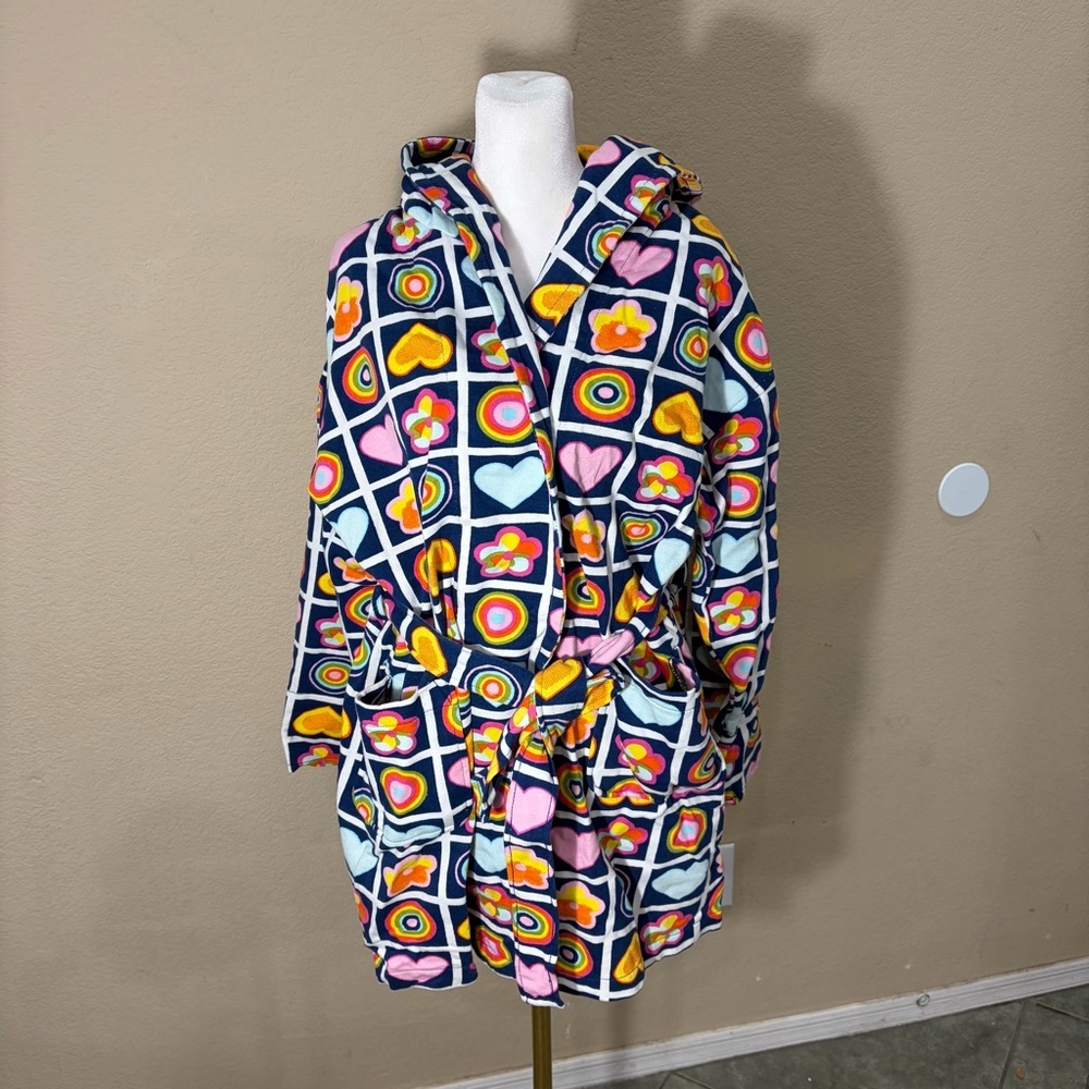 Vtg Aegean Apparel Robe Multicolor Heart Florals Terrycloth Cotton Belted Retro